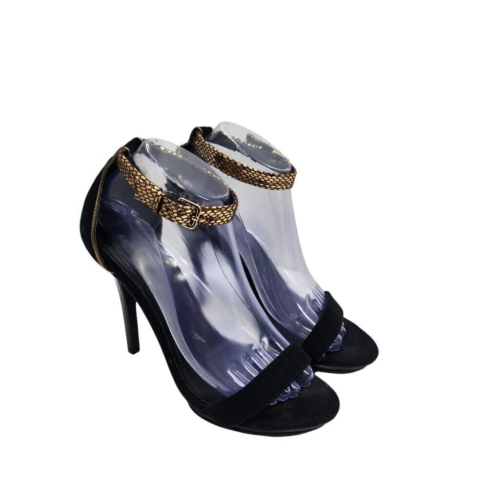 Express Heels Ankle Strap Stiletto Black‎ Suede Gold Accents Party Size 8